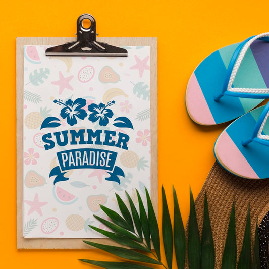 Free Top View Summer Paradise Clipboard And Flip Flops Psd