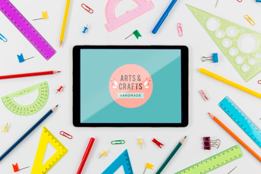 Free Top View Tablet And School Supplies With Mock-Up Psd