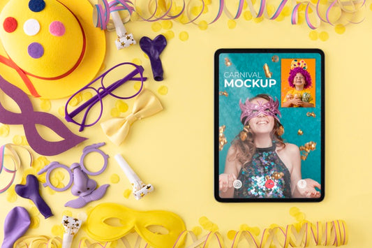 Free Top View Tablet Mock-Up With Carnival Accessories Psd
