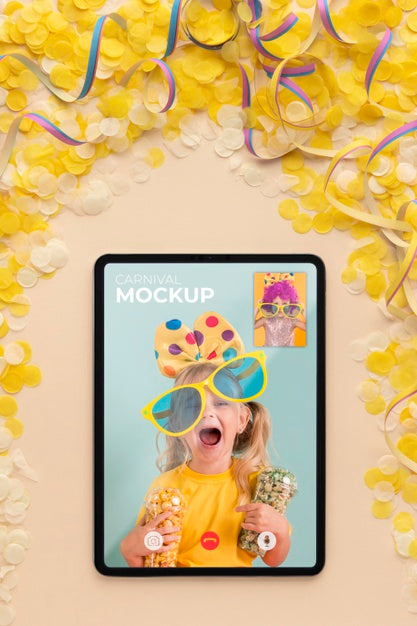 Free Top View Tablet Mock-Up With Confetti Psd