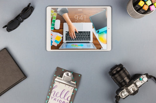 Free Top View Tablet Mockup With Desk Elements Psd