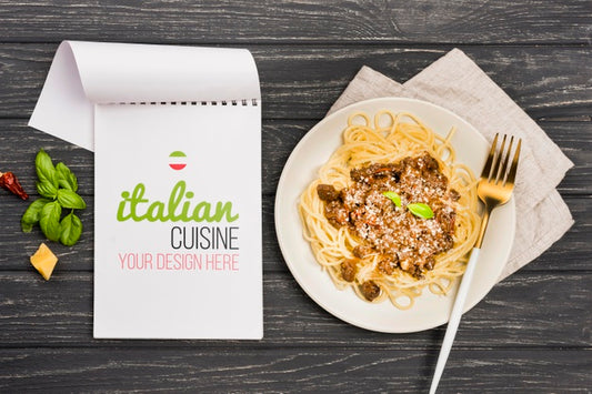 Free Top View Tasty Pasta And Notebook Psd