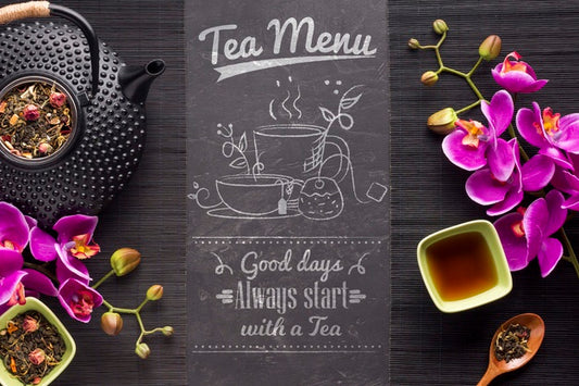 Free Top View Tea Menu With Herbs And Flowers Psd
