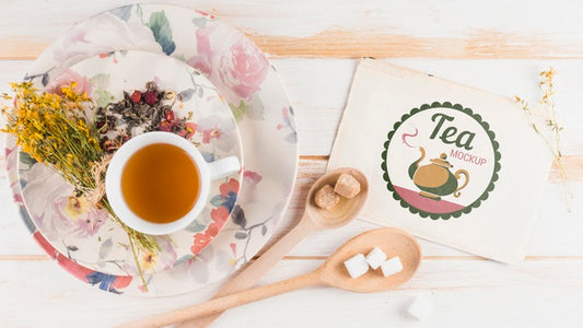 Free Top View Tea Mock-Up For Breakfast Psd