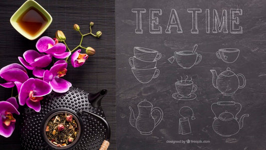 Free Top View Tea Time With Flowers Psd