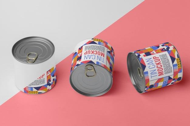 Free Top View Tin Cans Arranged On Table Psd