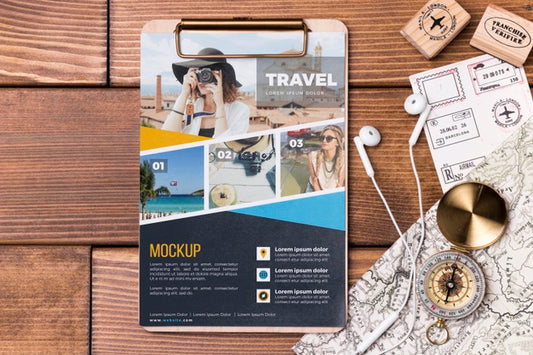 Free Top View Travel Mock-Up And Clipboard Psd