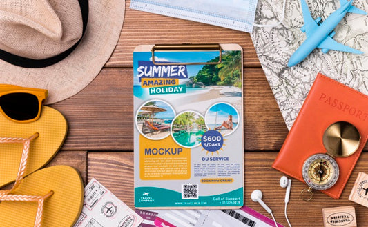 Free Top View Travel Mock-Up Clipboard And Beach Equipment Psd
