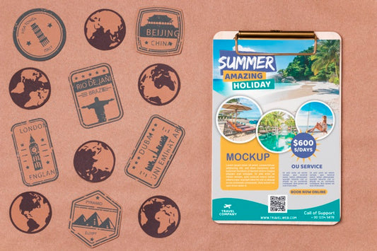 Free Top View Travel Mock-Up With Stamps Psd