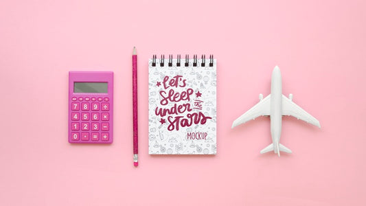 Free Top View Travelling Plane And Pink Calculator Psd
