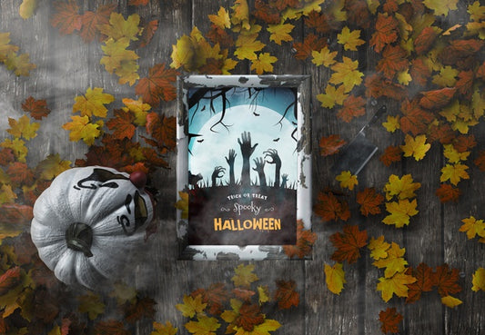 Free Top View Trick Or Treat Spooky Halloween Frame With Dried Leaves Psd