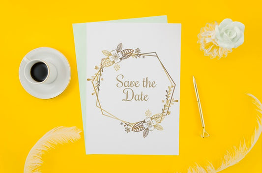 Free Top View Wedding Invitation Mock-Up On Yellow Background Psd