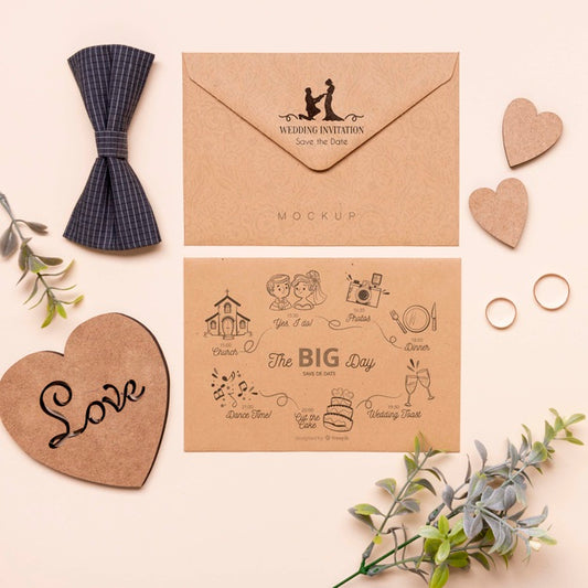 Free Top View Wedding Invitation With Bow Tie Psd