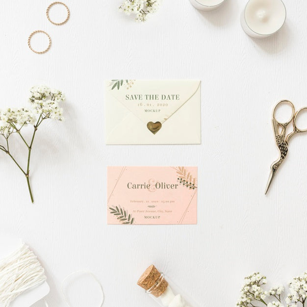 Free Top View Wedding Invitation With Mock-Up Psd