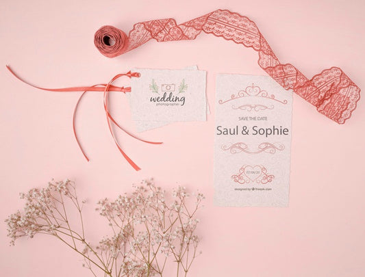 Free Top View Wedding Invitation With Ribbon Psd