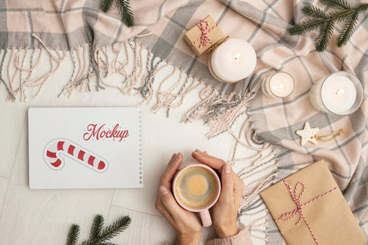 Free Top View Winter Hygge Composition With Card Mock-Up Psd