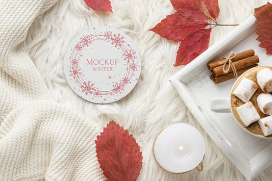 Free Top View Winter Hygge Composition With Plate Mock-Up Psd