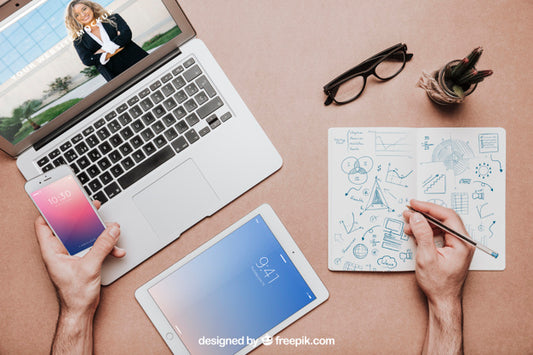 Free Top View Workspace Mockup With Hands Psd