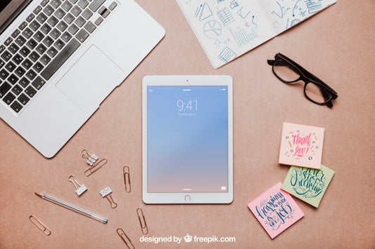 Free Top View Workspace Mockup With Tablet Psd