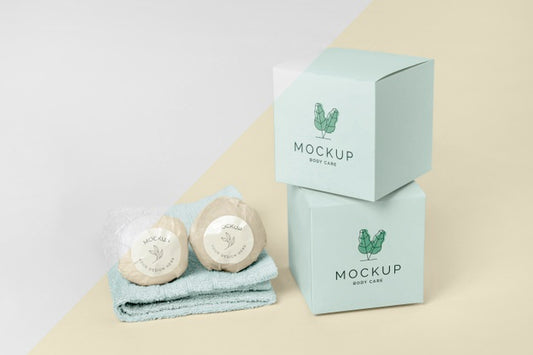 Free Towel, Bath Bombs And Boxes Mock-Up Psd