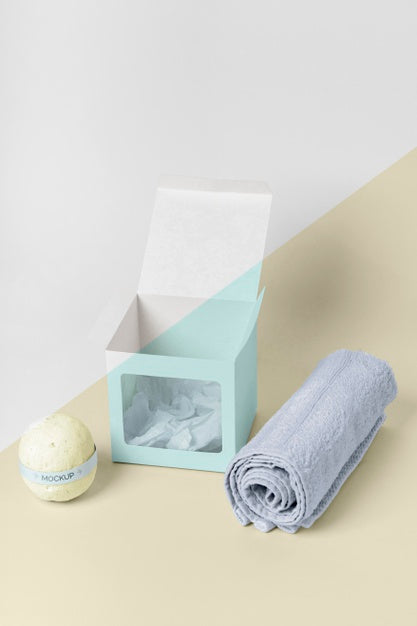 Free Towel, Box And Bath Bombs Arrangement Psd