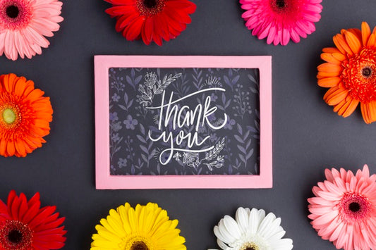 Free Tpo View Of Chalkboard And Colorful Flowers Psd