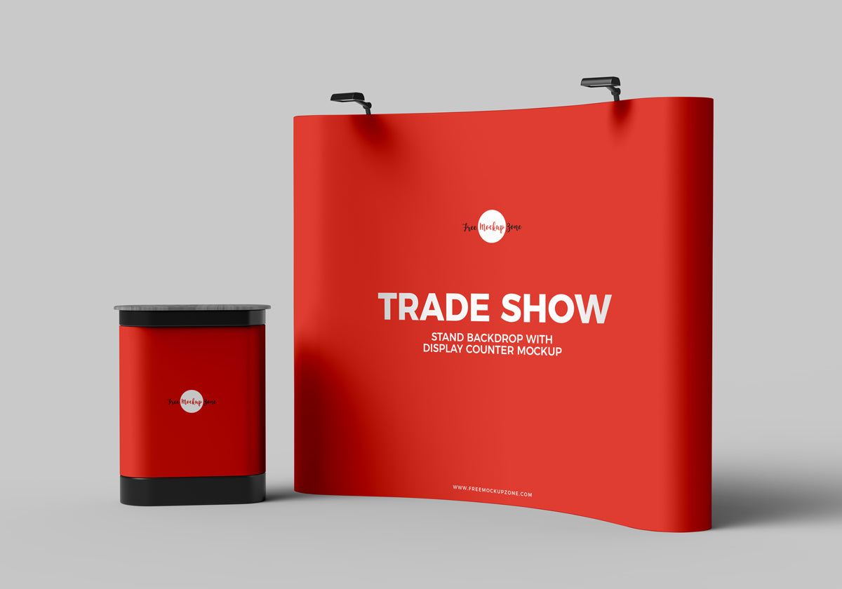 Free Trade Show Banner Stand Backdrop With Display Counter Mockup Psd