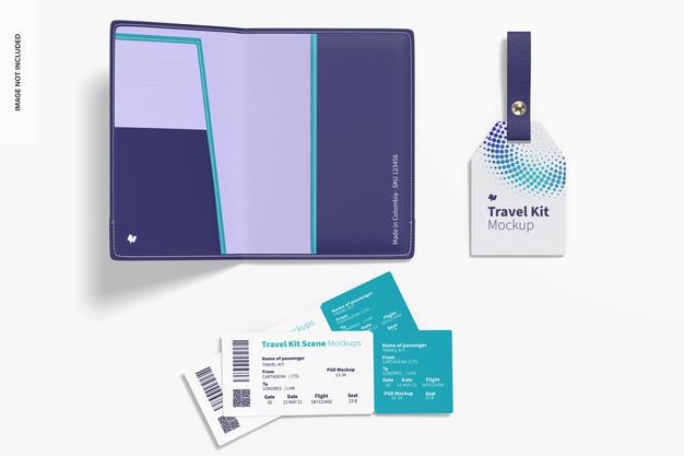 Free Travel Kit Scene Mockup, Top View Psd