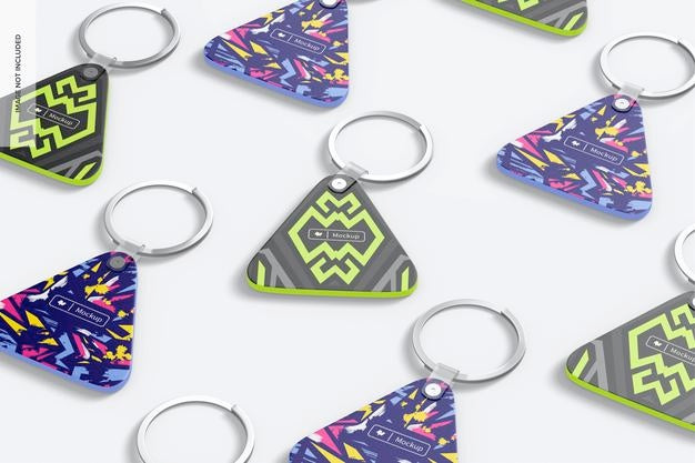 Free Triangle Shaped Keychains Mockup, Mosaic Psd