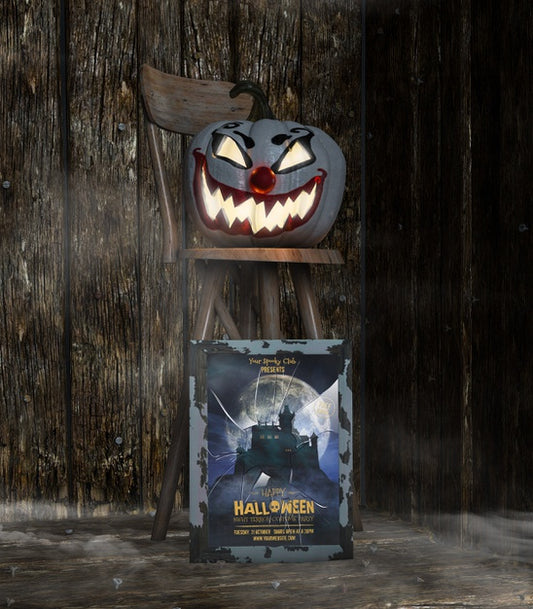 Free Trick Or Treat Spooky Halloween Mock-Up And Carved Pumpkin Psd