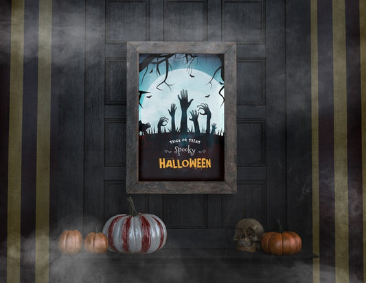 Free Trick Or Treat Spooky Halloween Mock-Up And Pumpkins Psd