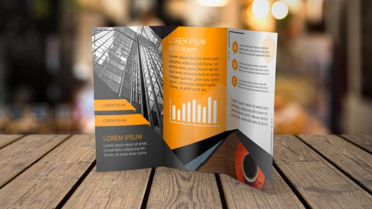Free Trifold Brochure Mockup On Tabletop Psd
