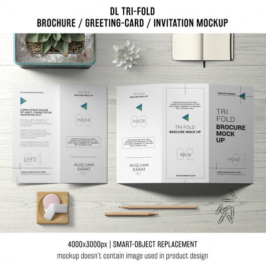 Free Trifold Brochure Or Invitation Mockup Still Life Concept Psd