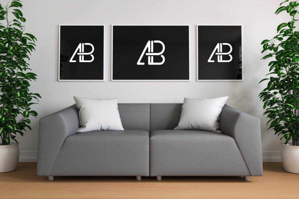 Free Triple Poster In Living Room Mockup