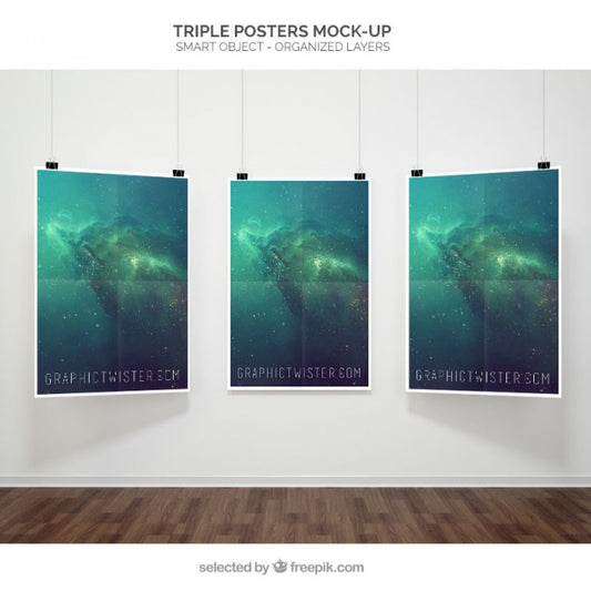 Free Triple Poster Mockup Hanging on Showroom