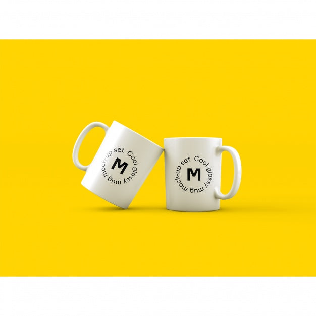 Free Two Mugs On Yellow Background Mock Up Psd