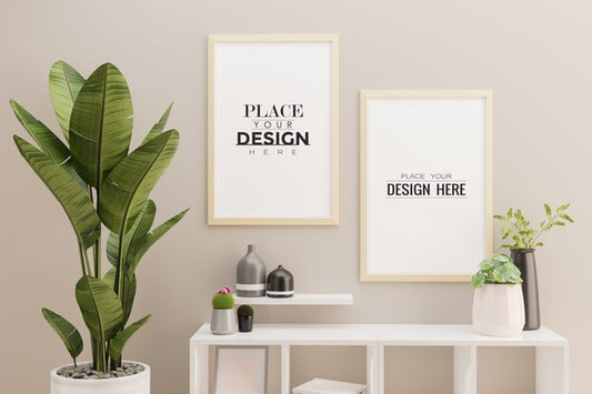Free Two Poster Frame Mockup In Living Room Interior Psd