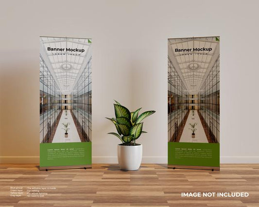Free Two Roll Up Banner Mockup In Interior Scene With A Plant In The Middle Psd