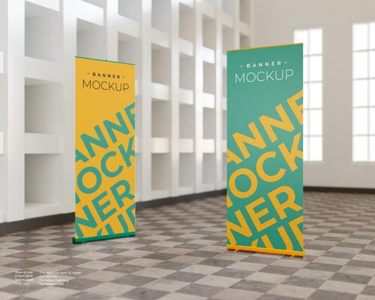 Free Two Roll Up Banner Mockup Indoor Psd