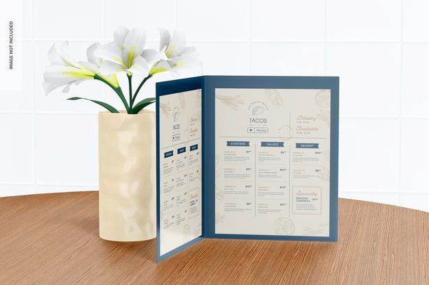 Free Two-Sided Menu Cover Mockup, Opened Psd
