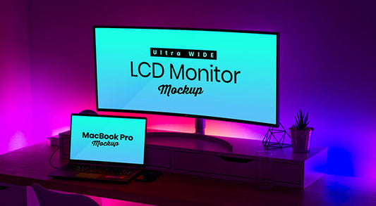 Free Ultra Wide Screen Lcd Monitor & Macbook Pro Mockup Psd