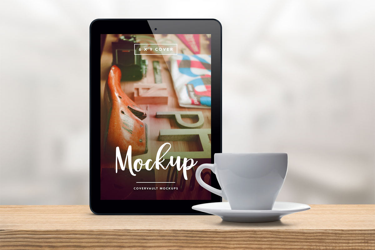 Free Upright Tablet With Coffee Cup Psd Mockup