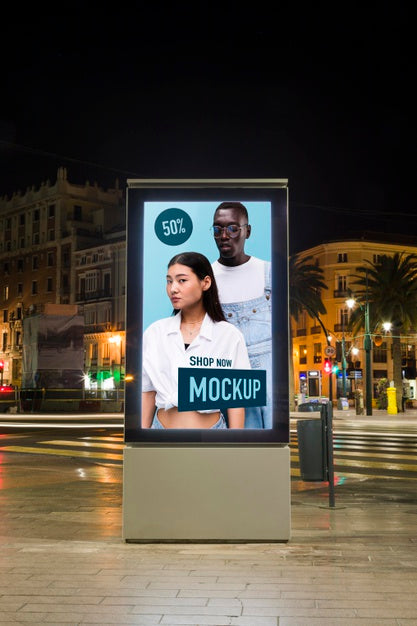 Free Urban City Lights  At Night With Sign Mock-Up Psd