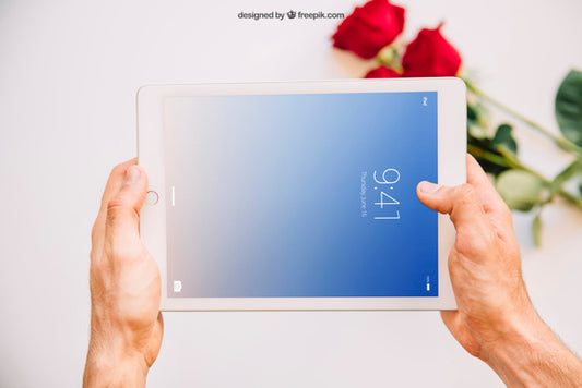 Free Valentine Mockup With Hands Holding Tablet Psd