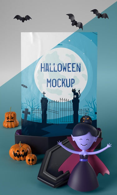 Free Vampire Character Next To Halloween Mock-Up Card Psd
