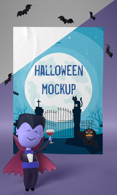 Free Vampire Character Next To Halloween Poster Mock-Up Psd