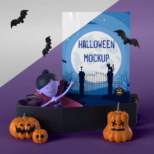 Free Vampire In Coffin Next To Halloween Card Mock-Up Psd