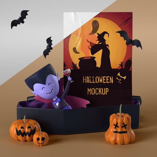 Free Vampire In Coffin Next To Halloween Card Psd