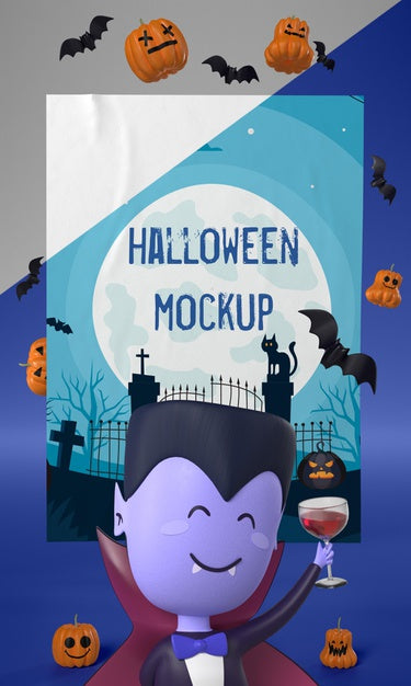 Free Vampire Man Next To Halloween Card Mock-Up Psd