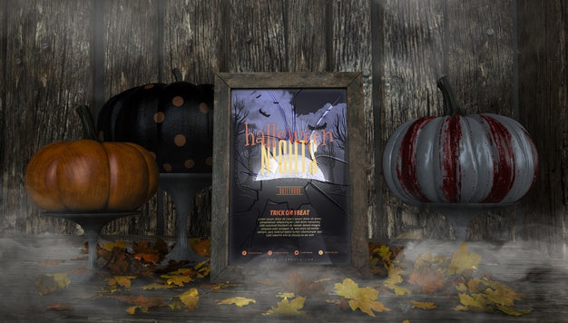 Free Variety Of Colourful Pumpkins And Halloween Nights Frame Mock-Up Psd